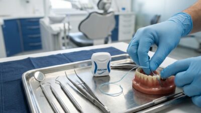Стоматолог использует зубную нить для демонстрации профилактики кариеса между зубами