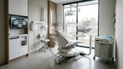 Стоматолог показывает пациенту рентгеновский снимок зубов на приёме