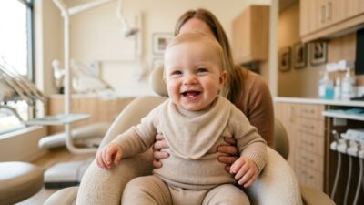 Улыбающийся младенец с первым прорезавшимся нижним зубом
