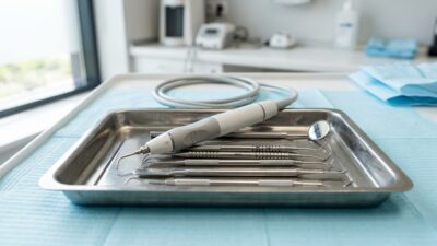 Стоматологические инструменты и ультразвуковой наконечник на стерильном лотке